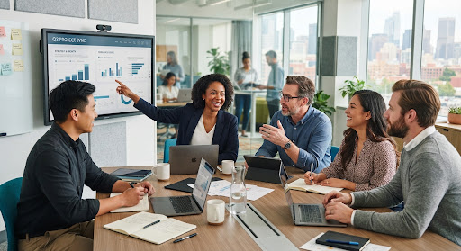 Equipo colaborando en una reunión de trabajo con laptops y un panel de datos