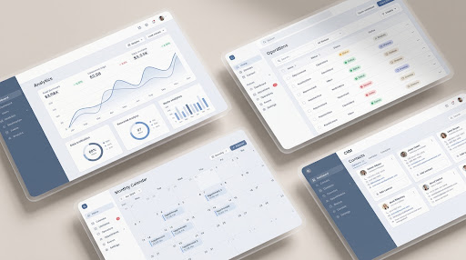 Interfaces de software con paneles de datos, gráficas y herramientas de gestión