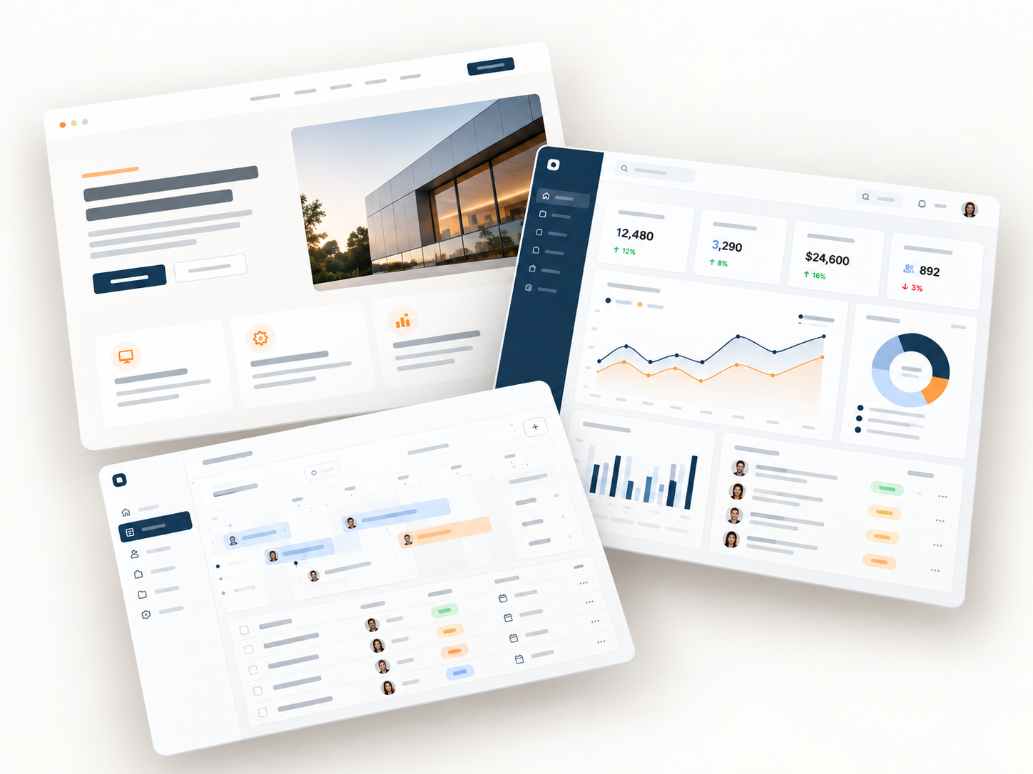 Interfaces de software con paneles de datos, gráficas y herramientas de gestión