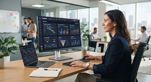 Profesional trabajando con un panel de gestión empresarial en una oficina